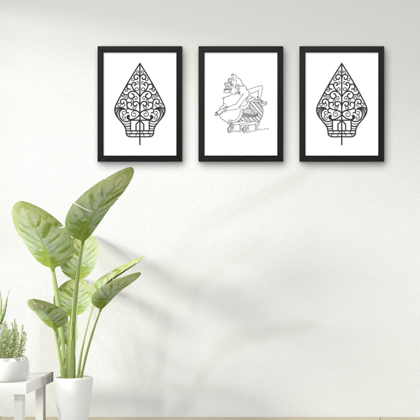 Wayang Gunungan Set – Houten Zwarte Ingelijste Muurdecoratie met Semar en Gunungan - Javanese Culture