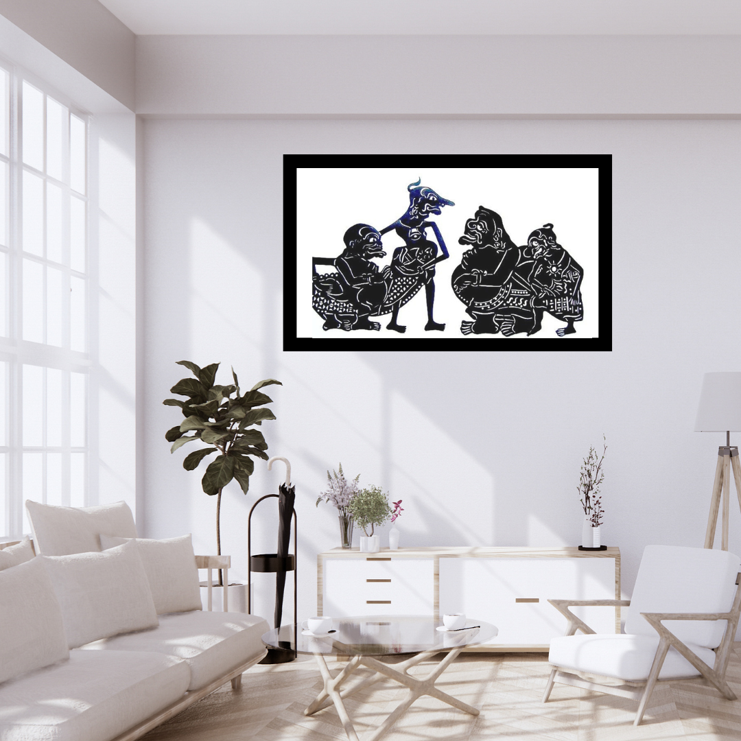 Wayang Punakawan Set – Houten Zwarte Ingelijste Muurdecoratie met Semar, Gareng, Petruk en Bagong - Javanese Culture